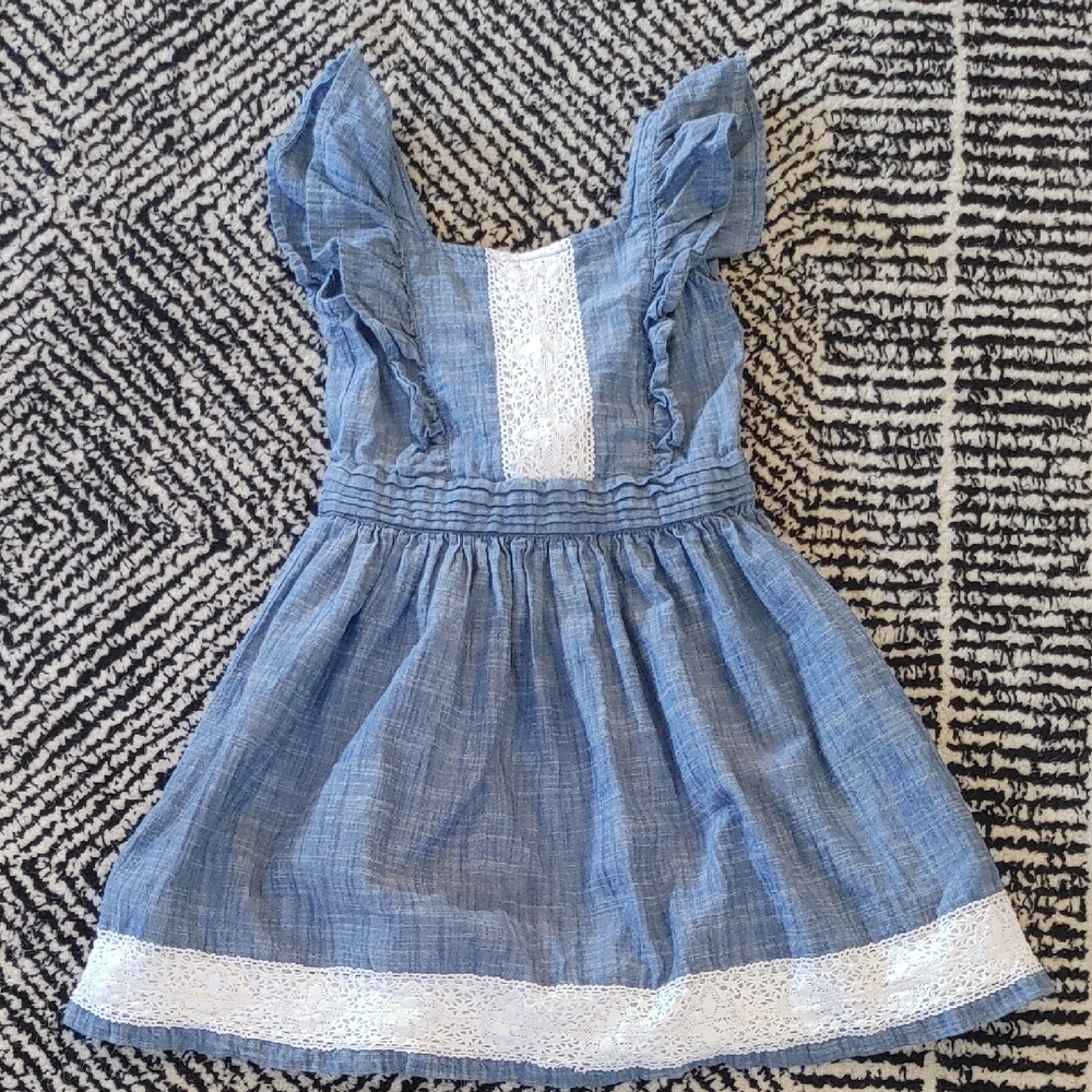 Hope & Henry Organic Blue and White Pleated Apron Dress with Flutter Sleeves